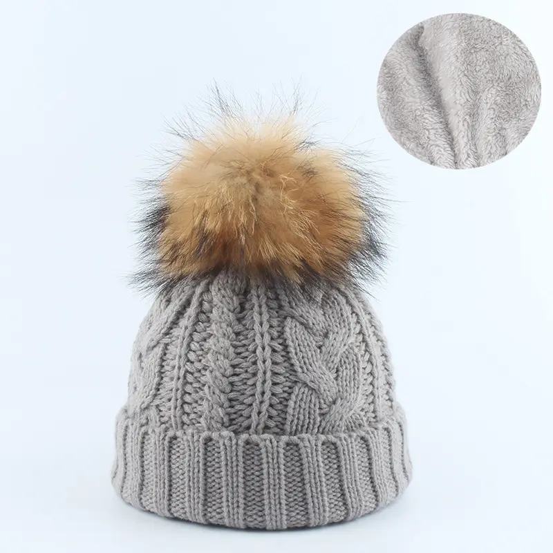 Gorro de punto con pompón de piel sintética para hombre y mujer, gorro cálido de punto con Cable y Pompón de piel auténtica para invierno