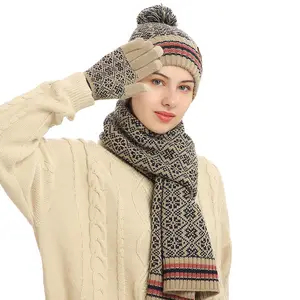 नई फैशन उच्च गुणवत्ता गर्म jacquard सर्दियों तेंदुए पैटर्न jacquard गर्म ऊन टोपी दुपट्टा दस्ताने सेट