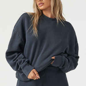 Logotipo personalizado bordado en blanco de gran tamaño de algodón francés Terry sólido hombro caído cuello redondo mujeres sudaderas - Product Image 2