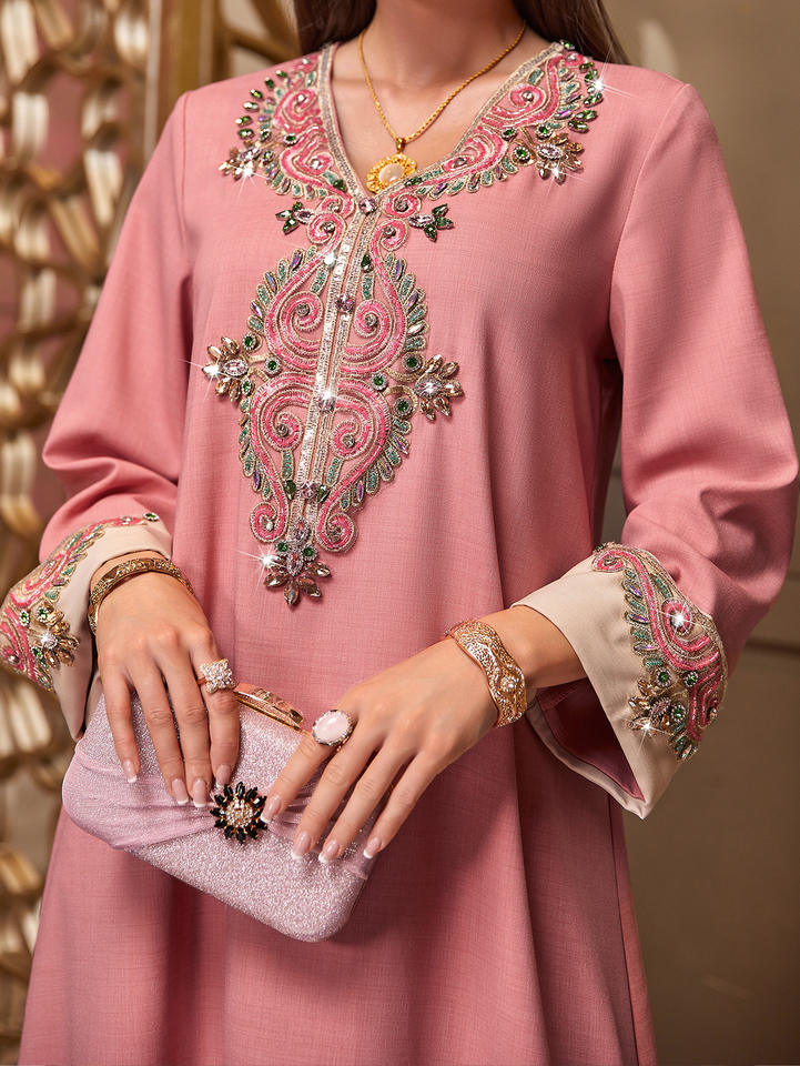 Luxury Pink Dubai Abaya Dress with Beading Eid Muslim Women Modest ...