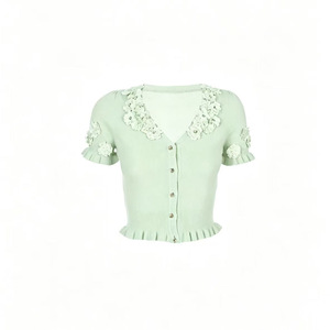 Dalang Sweater Factory Women's Knitted Cardigan Short Sleeve <b>Sweet</b> Style <b>Flower</b> Embellished Slim Fit Breathable Summer Top - Product Image 2