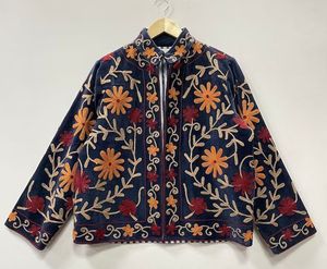 Velvet Quilted <b>Mandarin</b> <b>Collar</b> <b>Jacket</b> with Floral Embroidery Full Sleeve Zipper Closure Winter Women's <b>Jacket</b> in Bulk Price - Product Image 5