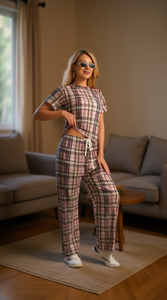 Tc262 2 Set da donna in flanella scozzese a maniche corte, girocollo, vestibilità ampia, pantaloni casual a tutta lunghezza con tasche, per tutte le stagioni - Product Image 2