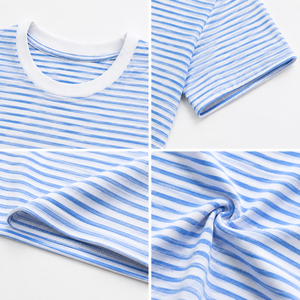 T-shirt à manches courtes pour homme, bleu et blanc rayé, col rond, coupe classique, décontracté, en coton tricoté respirant - Product Image 2