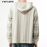 Hoodie Oversize Pria Motif Garis Aplikasi Bordir Baja, Bahan Tekstur, Kerah Kancing, 100% Katun Organik