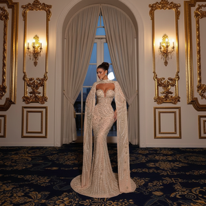 Custom Women's Elegant Luxury Formal Wear Mermaid Silhouette Floor-Length Strapless Short Sleeve Breathable Mesh Evening Dress - Product Image 3