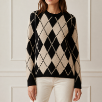Pull en tricot Argyle personnalisé pour femme, col rond, noir et crème, motif losanges, usine OEM ODM