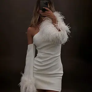 Enyami Elegant Chic Feather Cuff Design Women Cut Out Long Sleeve Club Evening Birthday White Black Mini Party Dress