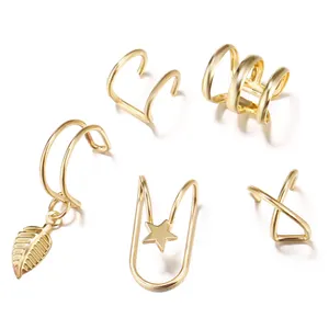 Fashion Simple Gold Silver Plated Geometric Hoop U C Copper Star Leaf Shape Open Ear Clip Cuff Earring Jewelry For Woman