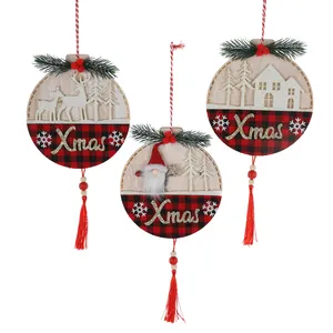 Dekorasi pohon Natal, dekorasi pesta rumah Festival kayu kotak-kotak hitam merah, dekorasi pohon Natal menyenangkan gantung