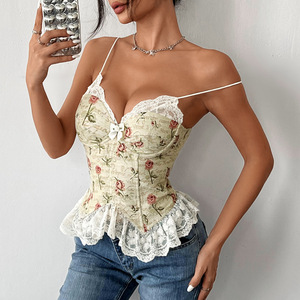 Sexy Bustier Corset <strong>Cami</strong> <strong>Tops</strong> Floral Print <strong>Lace</strong> <strong>Trim</strong> Camisole Going Out Crop <strong>Tops</strong> Date Night Club <strong>Tops</strong> Female Bustiers - Product Image 3