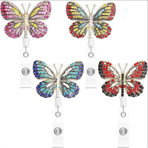 Diamond Butterfly Crystal Rhinestone Badge Reel Women Staff Retractable Lanyard for Work Pass Card ID Name Badge Chest Clip