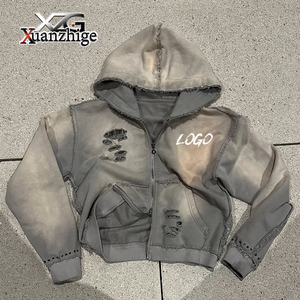 Thiết Kế Mới Tùy Chỉnh Nặng Thời Trang Phố Mặt Trời Faded Axit Rửa Cắt Và May Rhinestone Đau Phàm Rip Đôi Dây Kéo Cắt Áo - Product Image 1