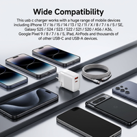 Chargeur rapide Cantell 25W double USB A+C PD avec sortie 5V/3A pour la maison et les voyages, compatible avec les prises US/EU/UK et les téléphones mobiles