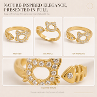 Lot de bagues ajustables en acier inoxydable plaqué or 18 carats PVD, motif chat et chien de dessin animé, avec zircone cubique, étanches, pour femme, idéales comme cadeau de fiançailles