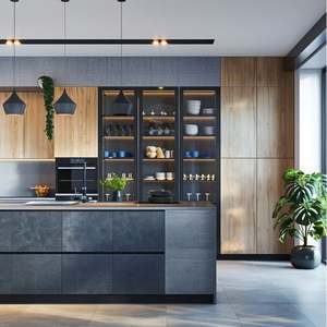 Designs d'armoires de cuisine en PVC personnalisés en usine Cuisine et autres meubles de cuisine Îlots d'armoires de cuisine modernes en bois - Product Image 1