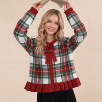 Cardigan à carreaux de Noël pour femme, pull en maille à manches longues avec ourlet à volants et nœud papillon, haut décontracté pour les fêtes