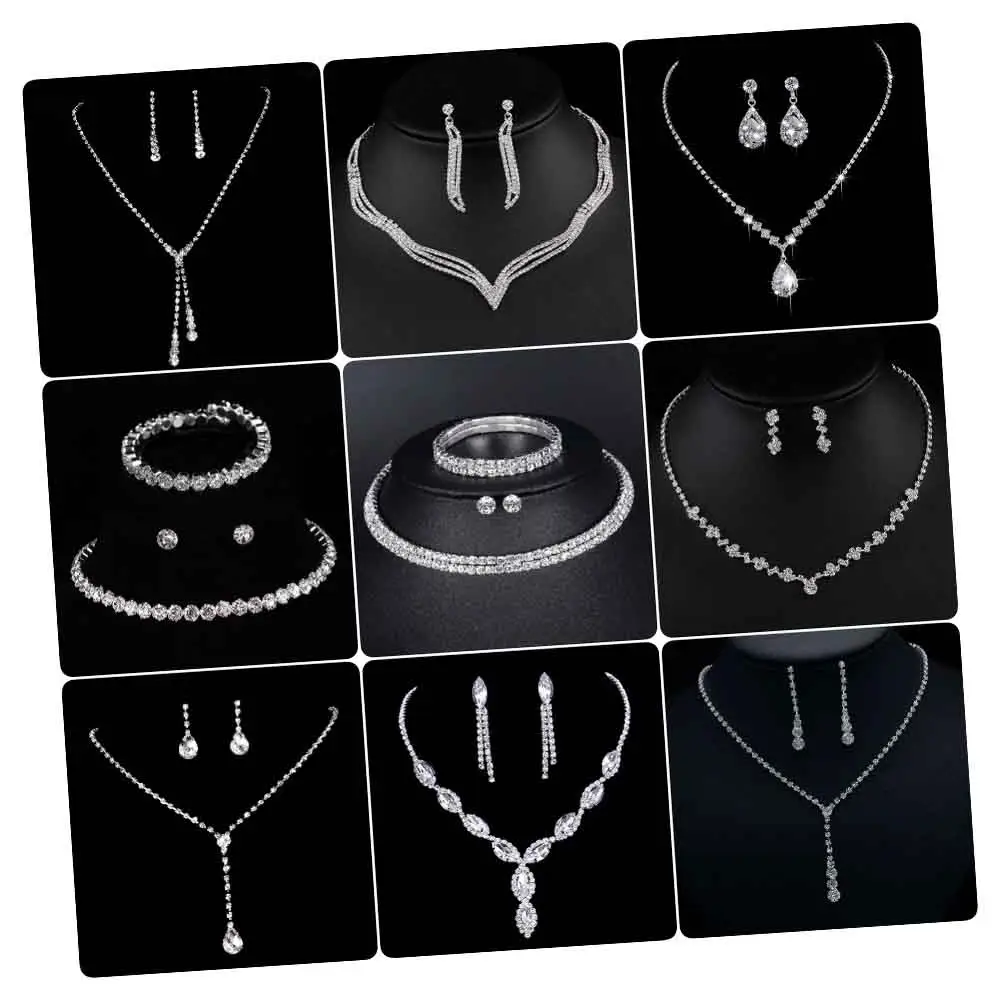 2pcs Luxury Bling Diamond Bridal Jewelry Rhinestone Necklace Earrings Sets Silver Plated Zircon Wedding Necklace Set