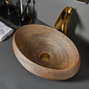 Lavabo de salle de bain en céramique LJ24-066-074, lavabo ovale, couleur <span class=keywords><strong>bois</strong></span> grainé, lavabo rétro de salle de bain - Product Image 1