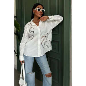 Camisa Bordada Sobe para Mujer, Popelina, Estilo Minimalista, Cierre de Botones, Uso Diario, Blanca y Negra - Product Image 3