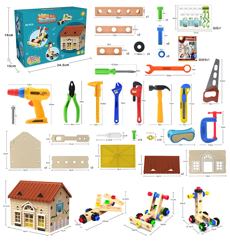 Kotak Peralatan, Mainan Konstruksi Membawa Dada Bekerja dengan Tombol Tekan, Palu, Obeng Kunci Pas, Alat Tang Realistis