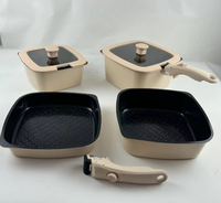 BOREINE Set Peralatan Masak Logam Mewah Modern 5 Buah Anti Lengket Ramah Lingkungan Aman untuk Oven Tutup Kaca/Silikon Gagang Lepas Pasang