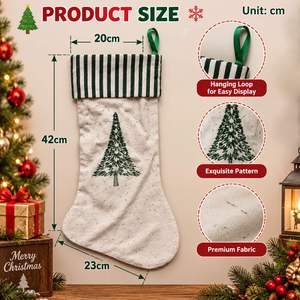 Chaussette de Noël Grande en Lin, Broderie Arbre de Noël Vert, Décoration Suspendue pour Cheminée et Fêtes - Product Image 2