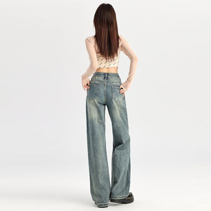 Interior Real Shot Design American <span class=keywords><strong>Jeans</strong></span> Retro Azul Pierna ancha Pantalones rectos holgados Pantalones de fregona Pantalones - Product Image 4