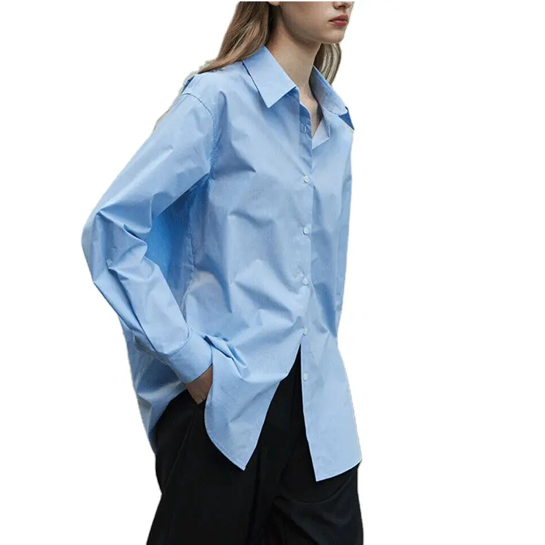 Camisa informal de manga larga de gran tamaño para mujer de alta calidad, blusa azul para mujer, Blusa de popelina de algodón de gran tamaño, blusa azul claro