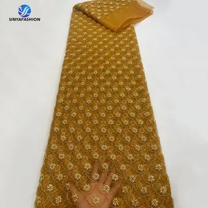 Sinya luxe mariée lourde perlée tissu dentelle avec pierres à la main paillettes tissu pour les femmes robe de soirée