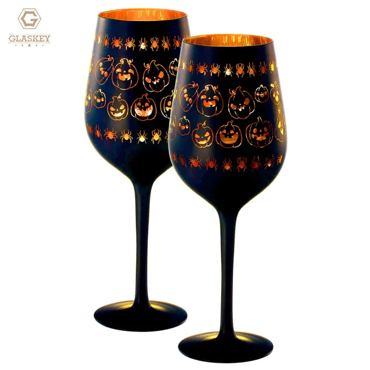 Hadiah sempurna kristal Halloween Stemmed anggur Set 2 16Oz labu bertema dinamis hitam & emas seram hantu pola Goblet