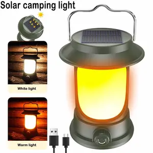 Solar Portable Handheld Vintage Camping Lantern USB Rechargeable Outdoors Tent Light LED Warm Light Night Hiking Fishing Lamp