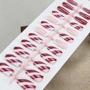 Faux ongles à presser <span class=keywords><strong>en</strong></span> ABS, forme cercueil, nude et rayures rouges et blanches, pour fête de Noël, 24 pièces - Product Image 2
