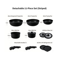 Ensemble de 11 ustensiles de cuisine en aluminium antiadhésif, écologique et sain, avec poignées amovibles et couvercles en verre, pour intérieur
