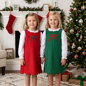 Monogram Baby Girls Christmas Corduroy <strong>Dress</strong> Set Custom Kids Red Green Ruffle Collar Shirt and Scalloped Pinafore <strong>Dress</strong> - Product Image 1