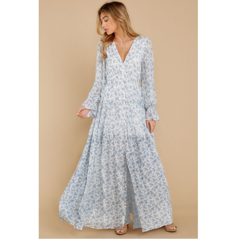 Bohemian Long Sleeve Floral Print Elegant Holiday Maxi A Line Dress