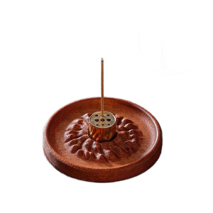 Brûleur d'encens en bois de santal, plateau rond avec insert en cuivre, fait main, pour usage religieux, style moderne et simple - Product Image 1