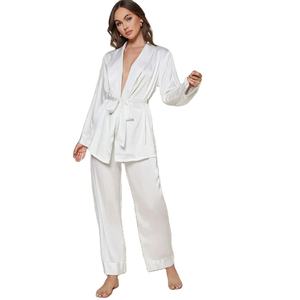 King Young <span class=keywords><strong>elegante</strong></span> blanco sólido satén chal cuello cinturón manga larga bata y pantalones señoras ropa de noche conjuntos pijama mujeres - Product Image 1