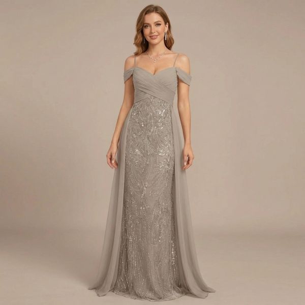 In Stock Dark Gray Evening Gowns Elegant Beaded Keyhole Neckline