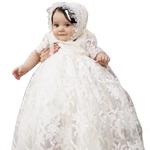 Baby Baptism Dress Bonnet Long Infant Christening Dress Baby 1st Birthday White Dress Girl Party Formal Lace Gowns for Baby Girl