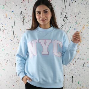 Sweat à capuche hiver bleu ciel 100% coton avec fermeture éclair, style vintage urbain, broderie appliquée blanche, col à capuche, fils fins - Product Image 1