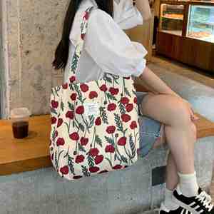 Hot Sale Flower Printed Tote Bag Reusable Drawstring <b>Shopping</b> Bag Large Capacity Cotton Tote Bags for Daily Work School Travel - Product Image 1