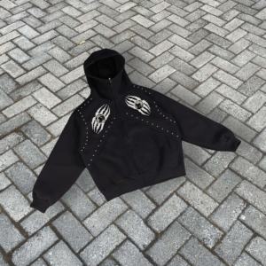 Sudadera con Capucha Extra Grande de Algodón Grueso Personalizada para Otoño e Invierno, Estilo Hip Hop, con Tachuelas, Pedrería, Lavado Vintage, para Hombre - Product Image 3