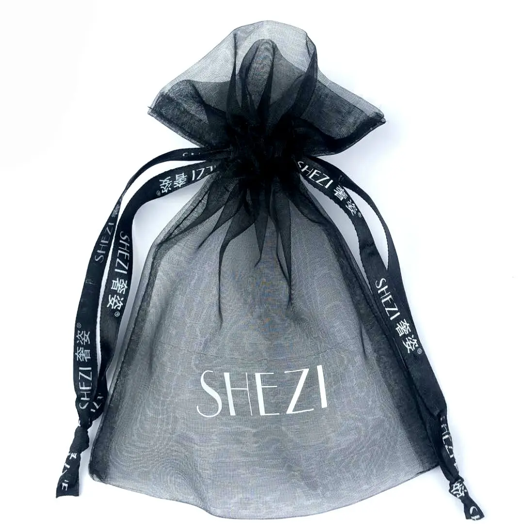 Bolsa de Organza de recuerdo de boda, bolsa de regalo de Organza con logotipo promocional, cordón grande impreso blanco, bolsa de Organza personalizada, venta al por mayor