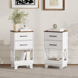 Set of 2 <strong>Tall</strong> Nightstands, 2-Drawer Wooden End Tables with Open Shelf, Rustic Modern <strong>Bedside</strong> <strong>Cabinets</strong> for Bedroom - Product Image 2