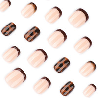Faux ongles carrés courts à presser, 24 pièces, rose nude avec imprimé français marron et écaille de tortue, pointes d'ongles brillantes pour femmes, usage quotidien automne