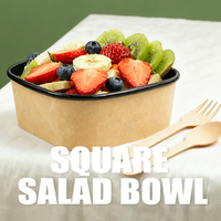 Bol à salade rectangulaire jetable en papier kraft avec couvercle, résistant à la graisse, biodégradable, écologique, compatible four, avec revêtement PLA de qualité alimentaire