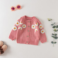 Pull en coton biologique tricoté pour bébé nouveau-né, motif de marguerite, cardigan brodé, tendance printemps-automne