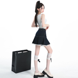 American-style Retro <strong>Denim</strong> Short <strong>Skirt</strong> Lady, Lace New Floral Ruffled High-waisted Half-<strong>length</strong> Dress - Product Image 4