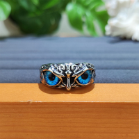 Bague réglable en alliage plaqué argent antique, design simple de hibou aux yeux bleus, bagues pour hommes et femmes, prix de gros bon marché, tendance